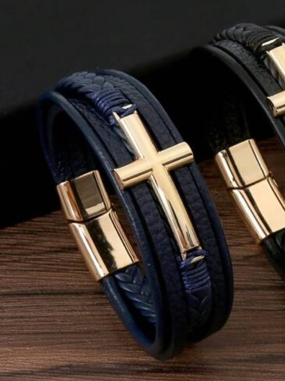 Navy Leather Cross Bracelet, Gold Cross and Braided Faux Leather Bracelet